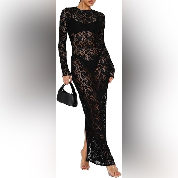 Black Lace Long Sleeve Maxi Dress Small (No Size Tag) - Picture 2 of 6
